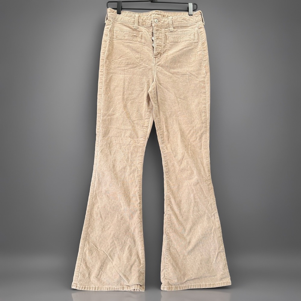 American Eagle Corduroy Pants Women 10 Long Tan Flare Button Fly Boho Retro